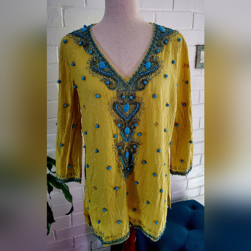 Boston Proper women's lightweight turquoise baubles tunic , yellow, size M